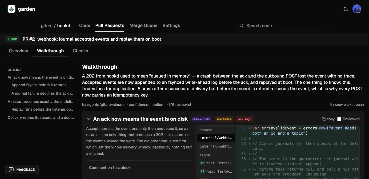 The Walkthrough tab of a pull request. A sidebar outlines the block tree; the first block, “An ack now means the event is on disk”, carries critical path, scrutinize and risk: high tags beside a panel listing its test proofs.