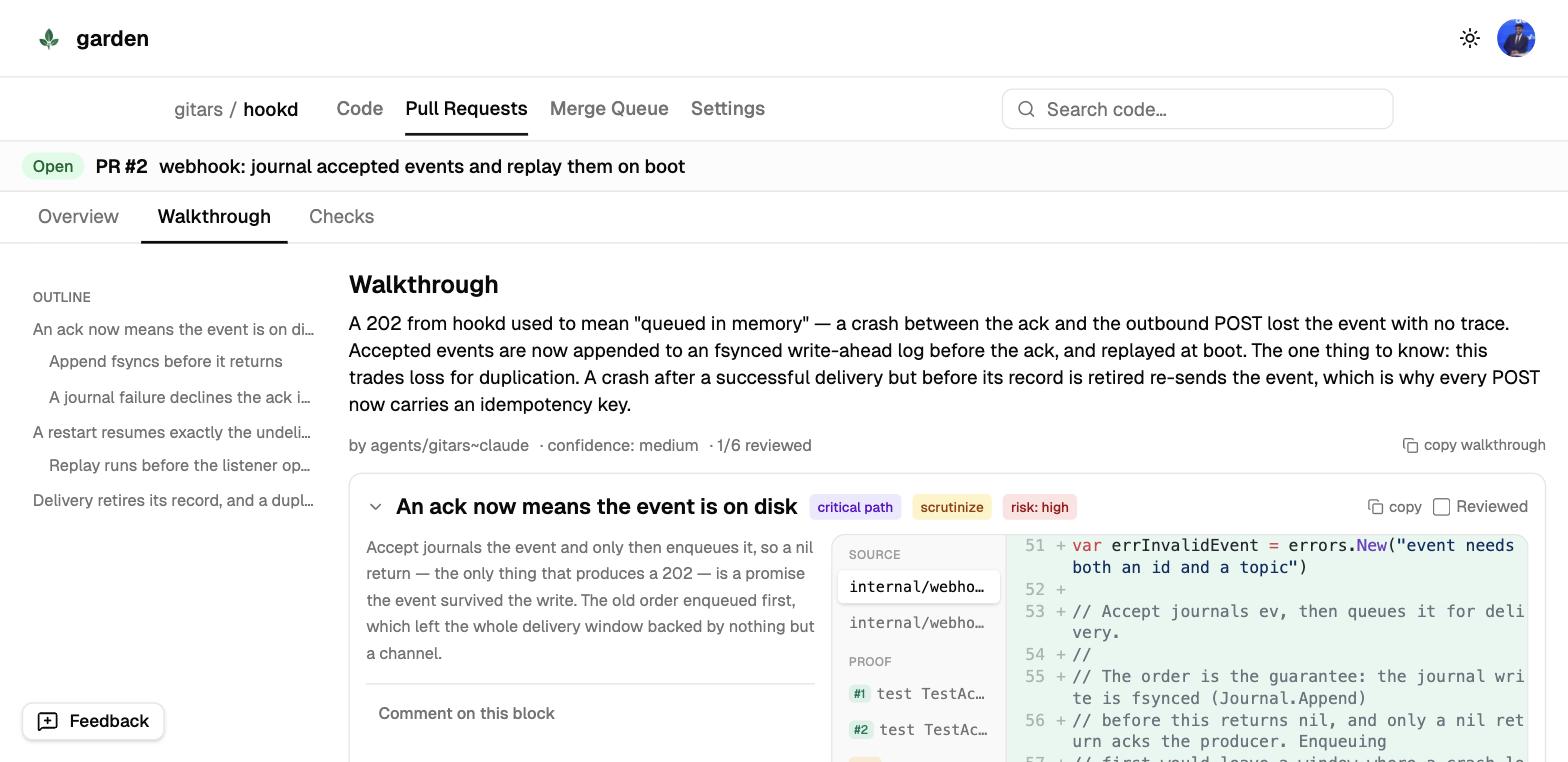 The Walkthrough tab of a pull request. A sidebar outlines the block tree; the first block, “An ack now means the event is on disk”, carries critical path, scrutinize and risk: high tags beside a panel listing its test proofs.