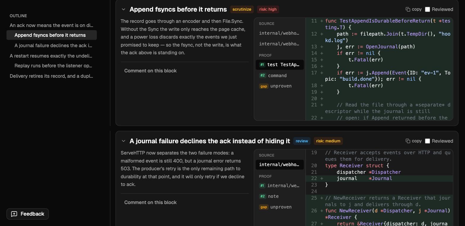 A single block, “Append fsyncs before it returns”, with its claim on the left and a proof panel on the right showing the body of TestAppendIsDurableBeforeReturn.