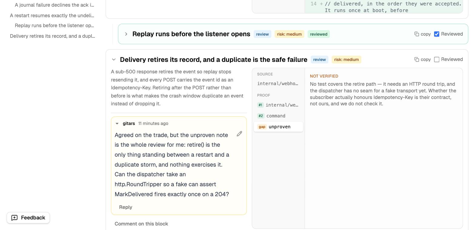 A reviewed block collapsed to a single green row, above an expanded block whose panel shows a “not verified” gap and carries a reviewer’s comment thread.